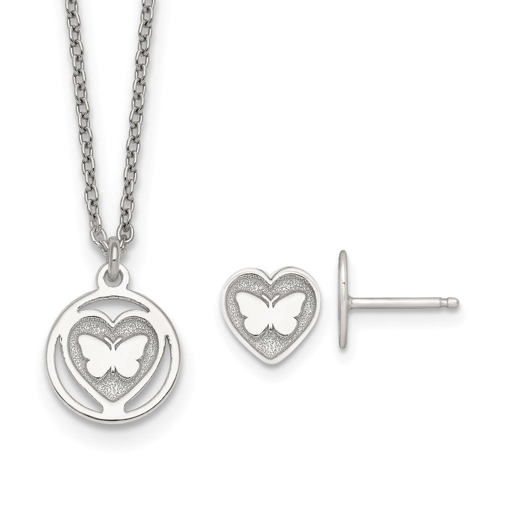 Sterling Silver Butterfly Heart Children's Post Earring and Necklace Set