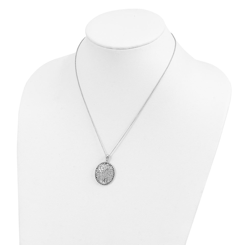 Sterling Silver Sentimental Expressions Rhodium-Plated Cz Antiqued Tree Of Life 18In Necklace