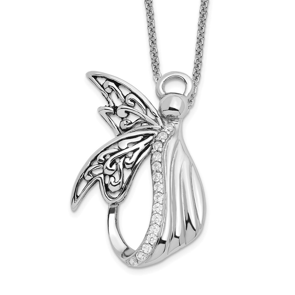 Sterling Silver Sentimental Expressions Rhodium-Plated Cz Antiqued Angel Of Perseverance 18In Necklace