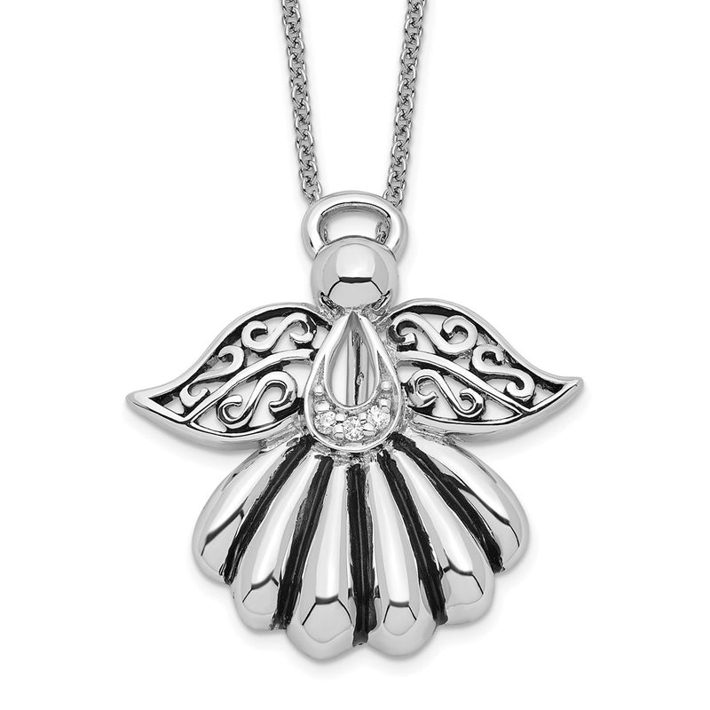 Sterling Silver Sentimental Expressions Rhodium-Plated Cz Antiqued Angel Of Remembrance 18In Necklace