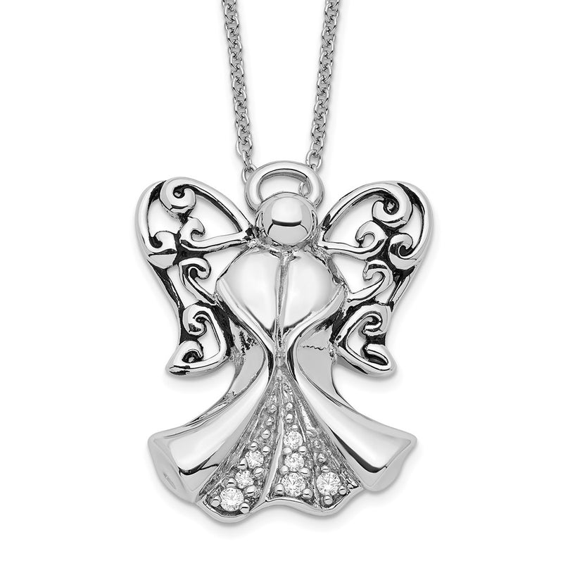 Sterling Silver Sentimental Expressions Rhodium-Plated Cz Antiqued Angel Of Strength 18In Necklace