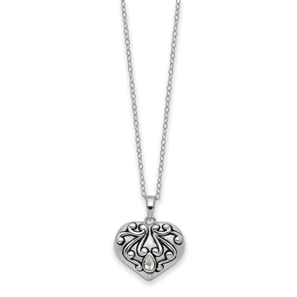 Sterling Silver Sentimental Expressions Rhodium-Plated Antiqued Cz Heart Remembrance Ash Holder 18 Inch Necklace