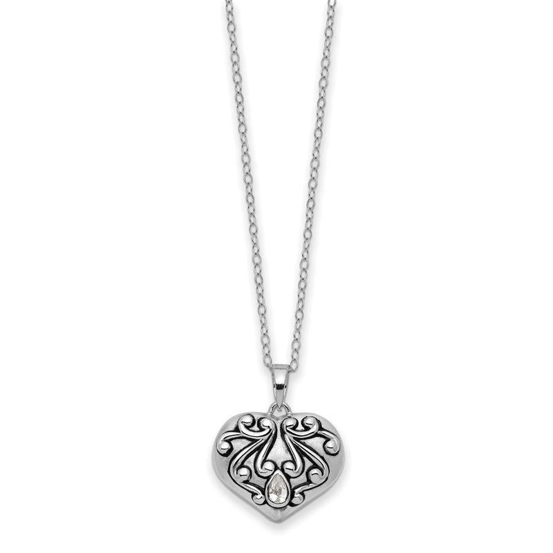 Sterling Silver Sentimental Expressions Rhodium-Plated Antiqued Cz Heart Remembrance Ash Holder 18 Inch Necklace