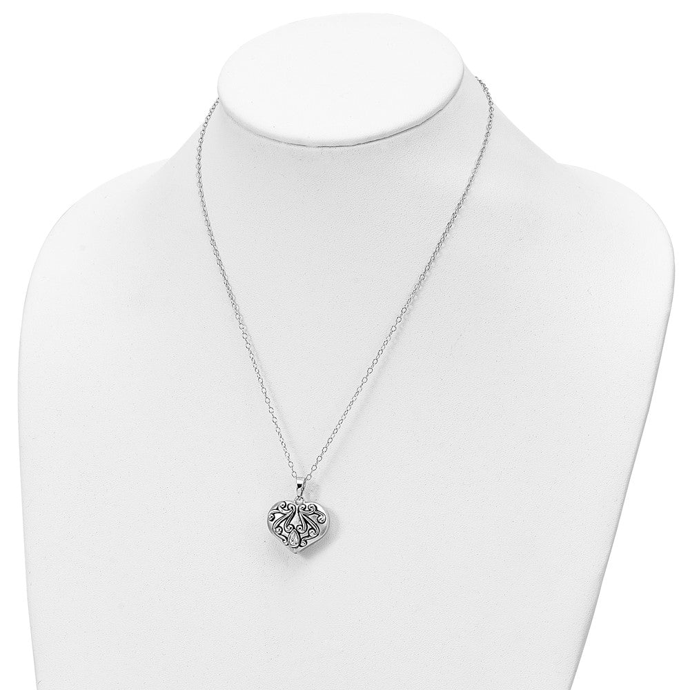 Sterling Silver Sentimental Expressions Rhodium-Plated Antiqued Cz Heart Remembrance Ash Holder 18 Inch Necklace