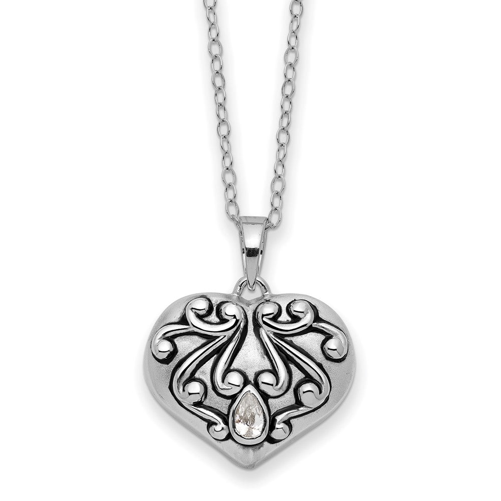Sterling Silver Sentimental Expressions Rhodium-Plated Antiqued Cz Heart Remembrance Ash Holder 18 Inch Necklace
