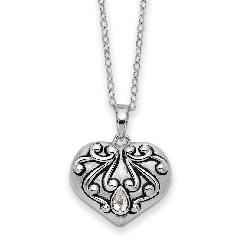 Sterling Silver Sentimental Expressions Rhodium-Plated Antiqued Cz Heart Remembrance Ash Holder 18 Inch Necklace
