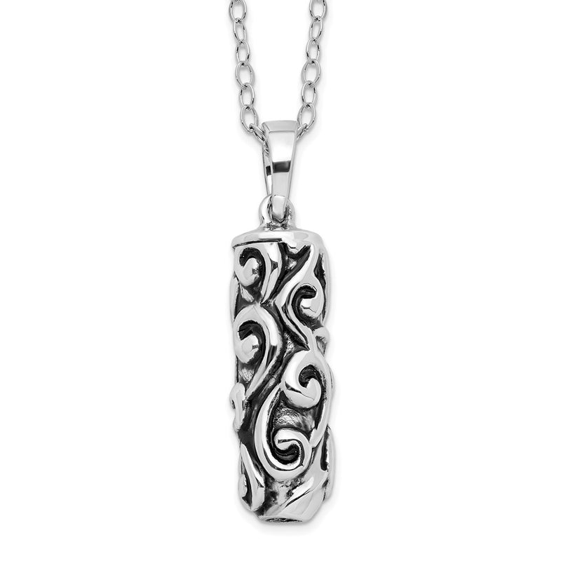 Sterling Silver Sentimental Expressions Rhodium-Plated Antiqued Cylinder Remembrance Ash Holder 18 Inch Necklace