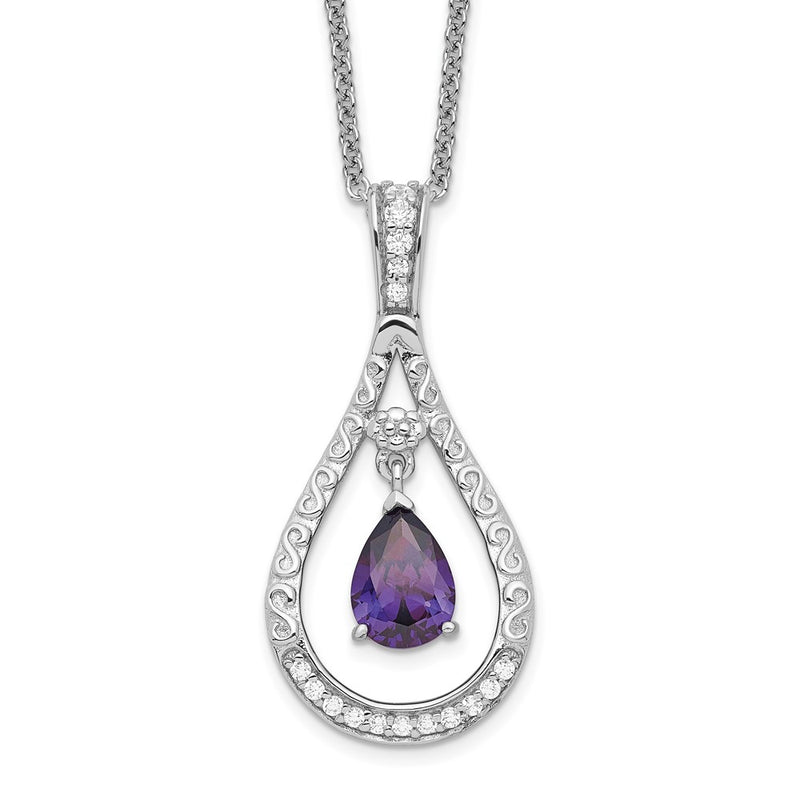 Sterling Silver Sentimental Expressions Rhodium-Plated Feb. Cz Stone Never Forget Tear 18 Inch Birthstone Necklace