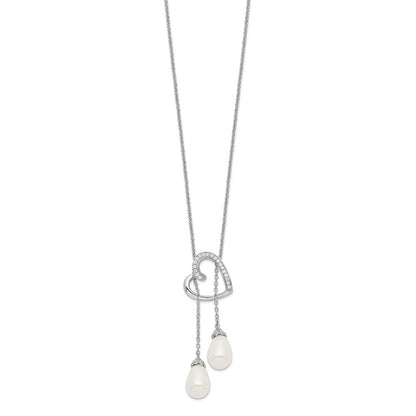 Sterling Silver Sentimental Expressions Rhodium-Plated Fw Cultured Pearl Cz Two Become One 18In Heart Necklace