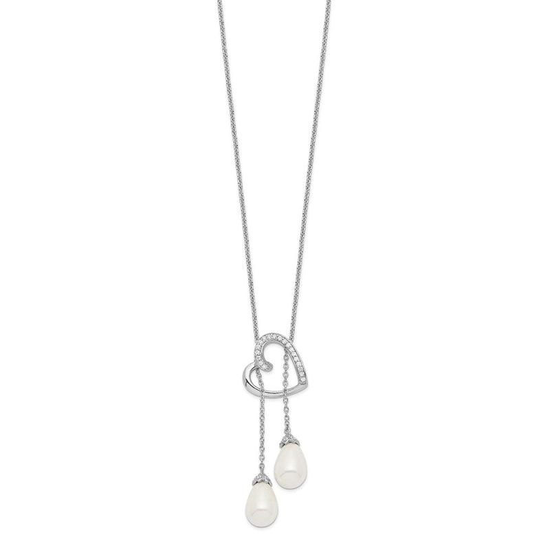Sterling Silver Sentimental Expressions Rhodium-Plated Fw Cultured Pearl Cz Two Become One 18In Heart Necklace