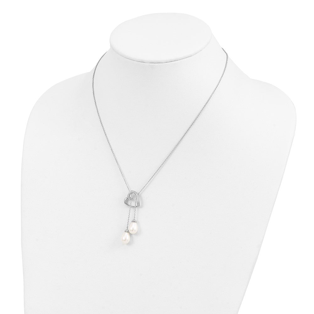Sterling Silver Sentimental Expressions Rhodium-Plated Fw Cultured Pearl Cz Two Become One 18In Heart Necklace
