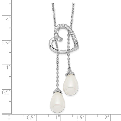 Sterling Silver Sentimental Expressions Rhodium-Plated Fw Cultured Pearl Cz Two Become One 18In Heart Necklace