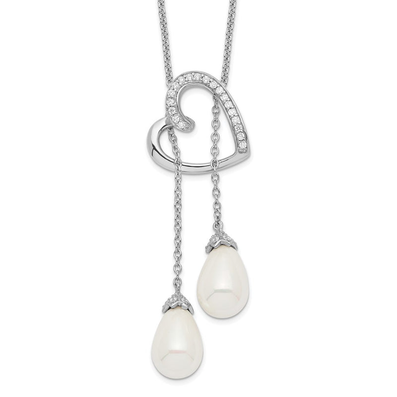 Sterling Silver Sentimental Expressions Rhodium-Plated Fw Cultured Pearl Cz Two Become One 18In Heart Necklace