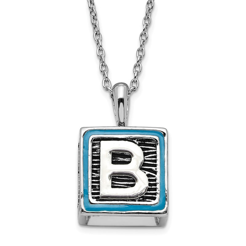 Sterling Silver Sentimental Expressions Polished & Antiqued Blue Enameled Cz Family Building Blocks Necklace