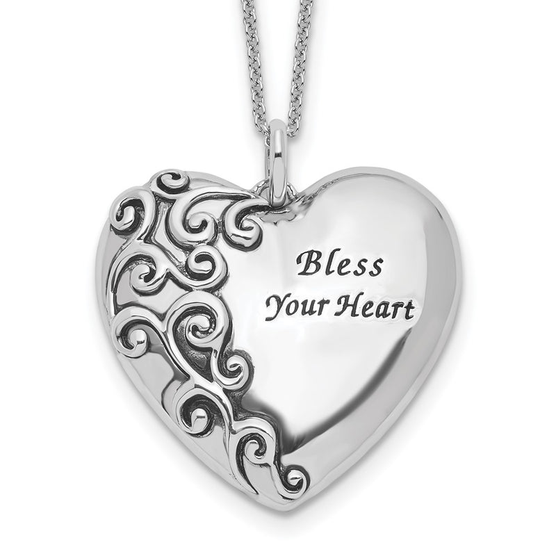 Sterling Silver Sentimental Expressions Rhodium-Plated Antiqued Bless Your Heart 18In Necklace