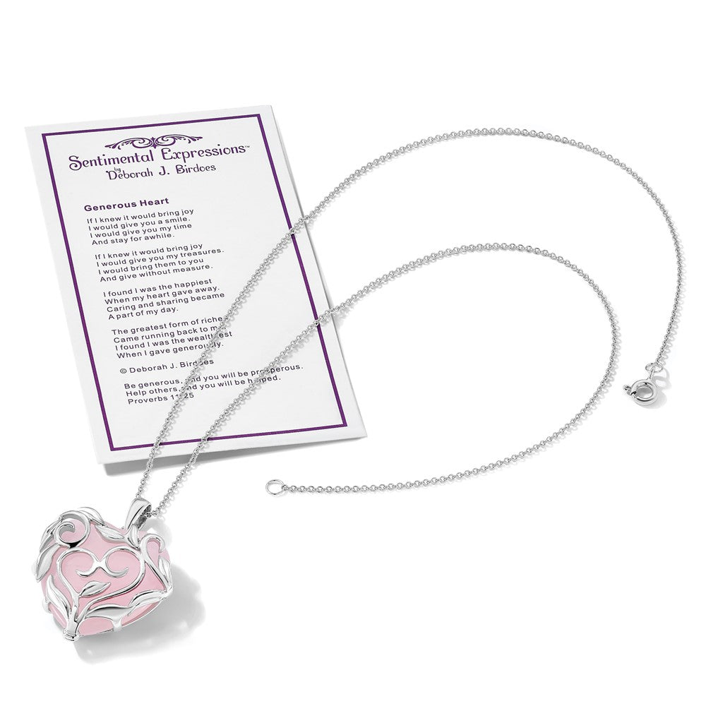 Sterling Silver Sentimental Expressions Rhodium-Plated Rose Quartz Generous Heart 18 Inch Necklace With Poem Card