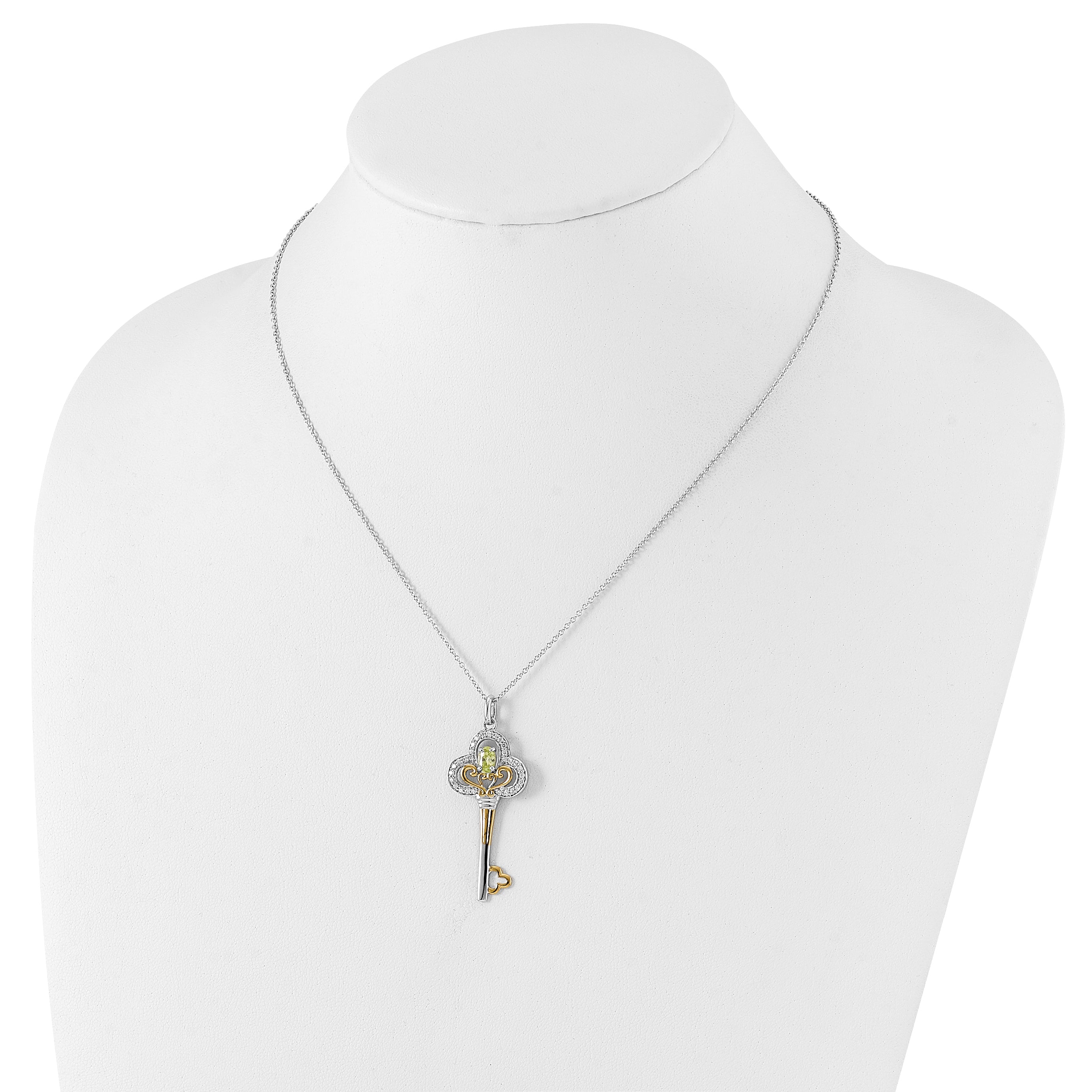 Sterling Silver Sentimental Expressions & Gold-Plated Polished August Green Clear Cz Birthstone Key Necklace