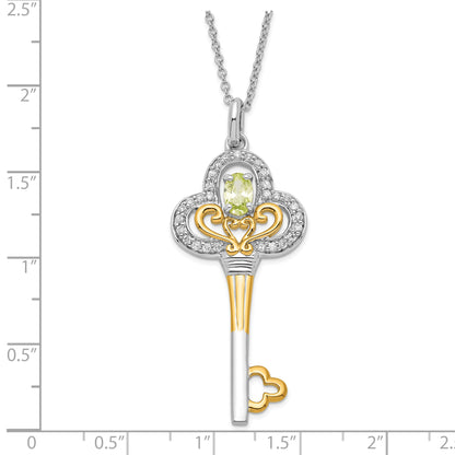 Sterling Silver Sentimental Expressions & Gold-Plated Polished August Green Clear Cz Birthstone Key Necklace