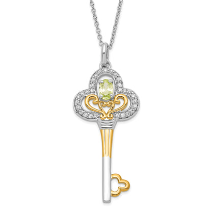 Sterling Silver Sentimental Expressions & Gold-Plated Polished August Green Clear Cz Birthstone Key Necklace