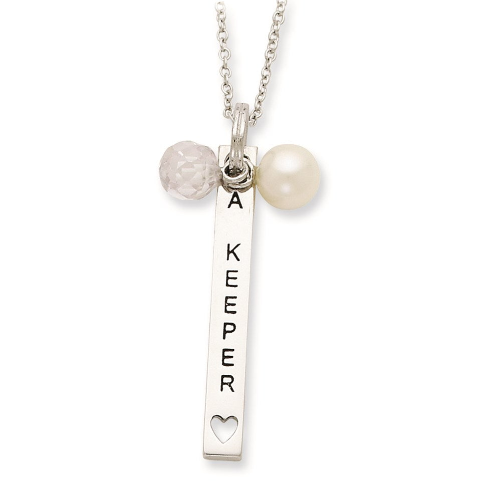 Sterling Silver Sentimental Expressions Polished & Antiqued Freshwater Cultured Pearl Cz I Am A Keeper Necklace