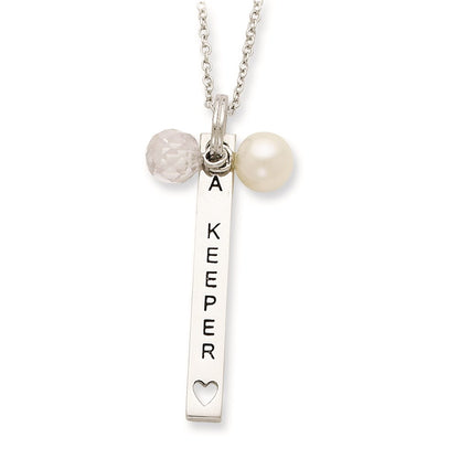 Sterling Silver Sentimental Expressions Polished & Antiqued Freshwater Cultured Pearl Cz I Am A Keeper Necklace