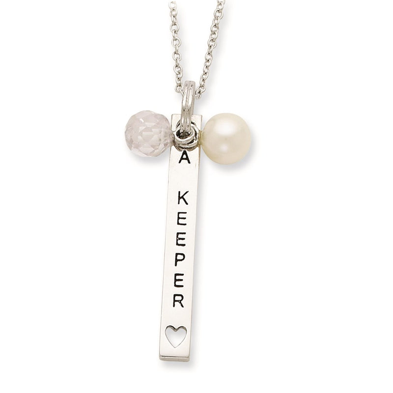 Sterling Silver Sentimental Expressions Polished & Antiqued Freshwater Cultured Pearl Cz I Am A Keeper Necklace