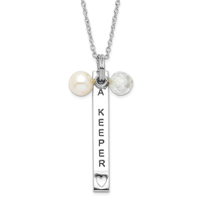Sterling Silver Sentimental Expressions Polished & Antiqued Freshwater Cultured Pearl Cz I Am A Keeper Necklace