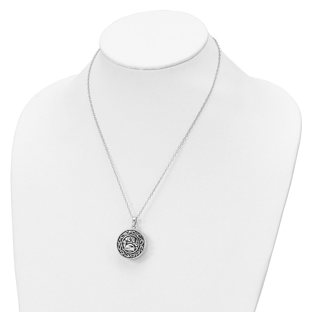 Sterling Silver Sentimental Expressions Rhodium-Plated Antiqued Paw Ash Holder 18 Inch Necklace
