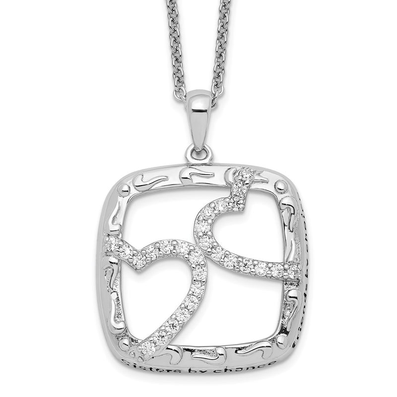 Sterling Silver Sentimental Expressions Rhodium-Plated Antiqued Cz Sisters By Chance 18In Hearts Necklace