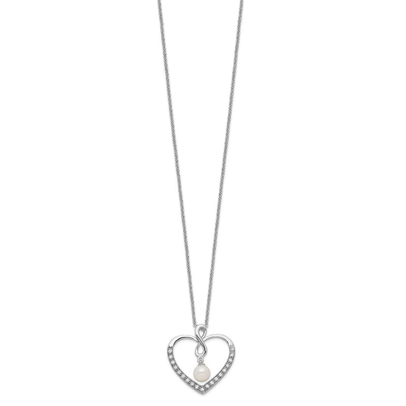 Sterling Silver Sentimental Expressions Rhodium-Plated Cz And Fw Cultured Pearl My Friend 18In Heart Necklace