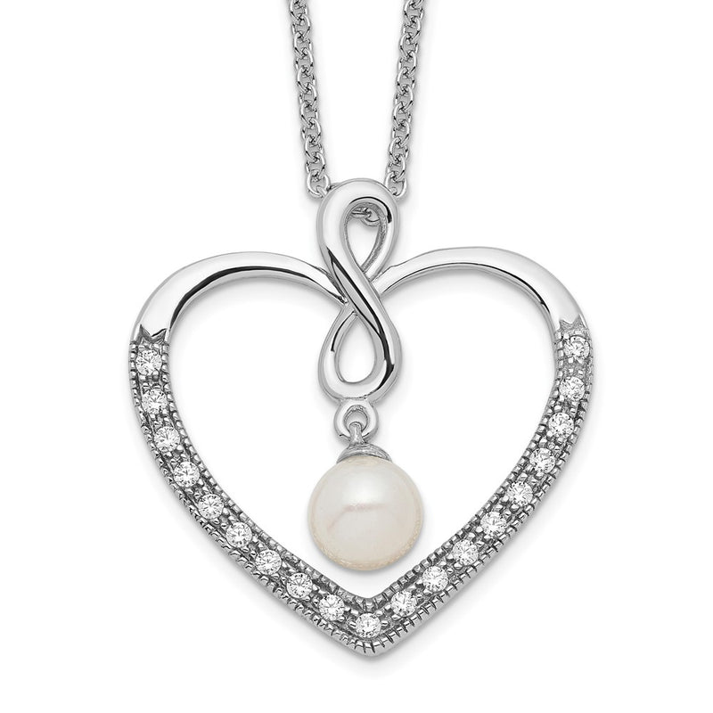 Sterling Silver Sentimental Expressions Rhodium-Plated Cz And Fw Cultured Pearl My Friend 18In Heart Necklace
