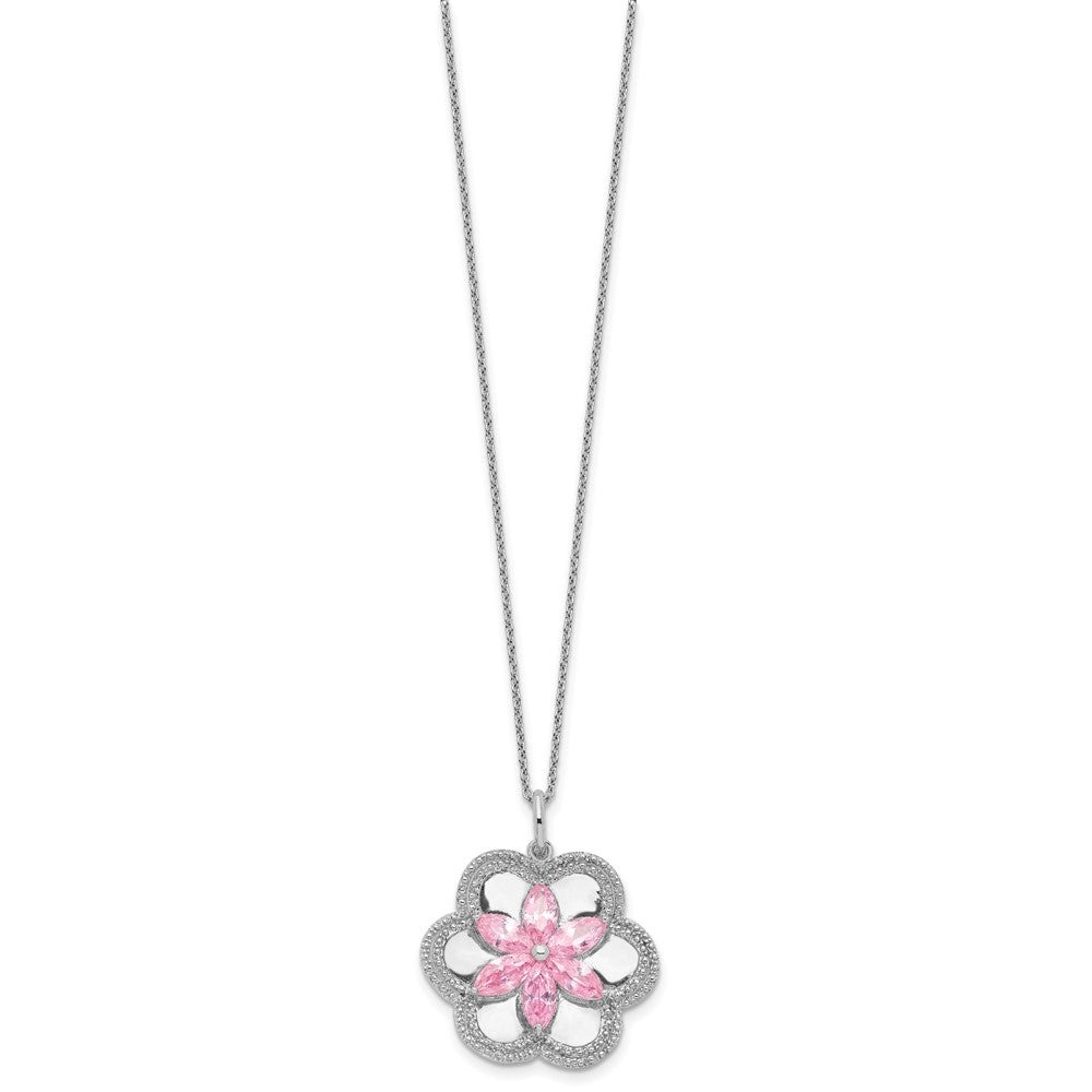 Sterling Silver Sentimental Expressions Rhodium-Plated Cz Pretty In Pink Flower 18 Inch Necklace