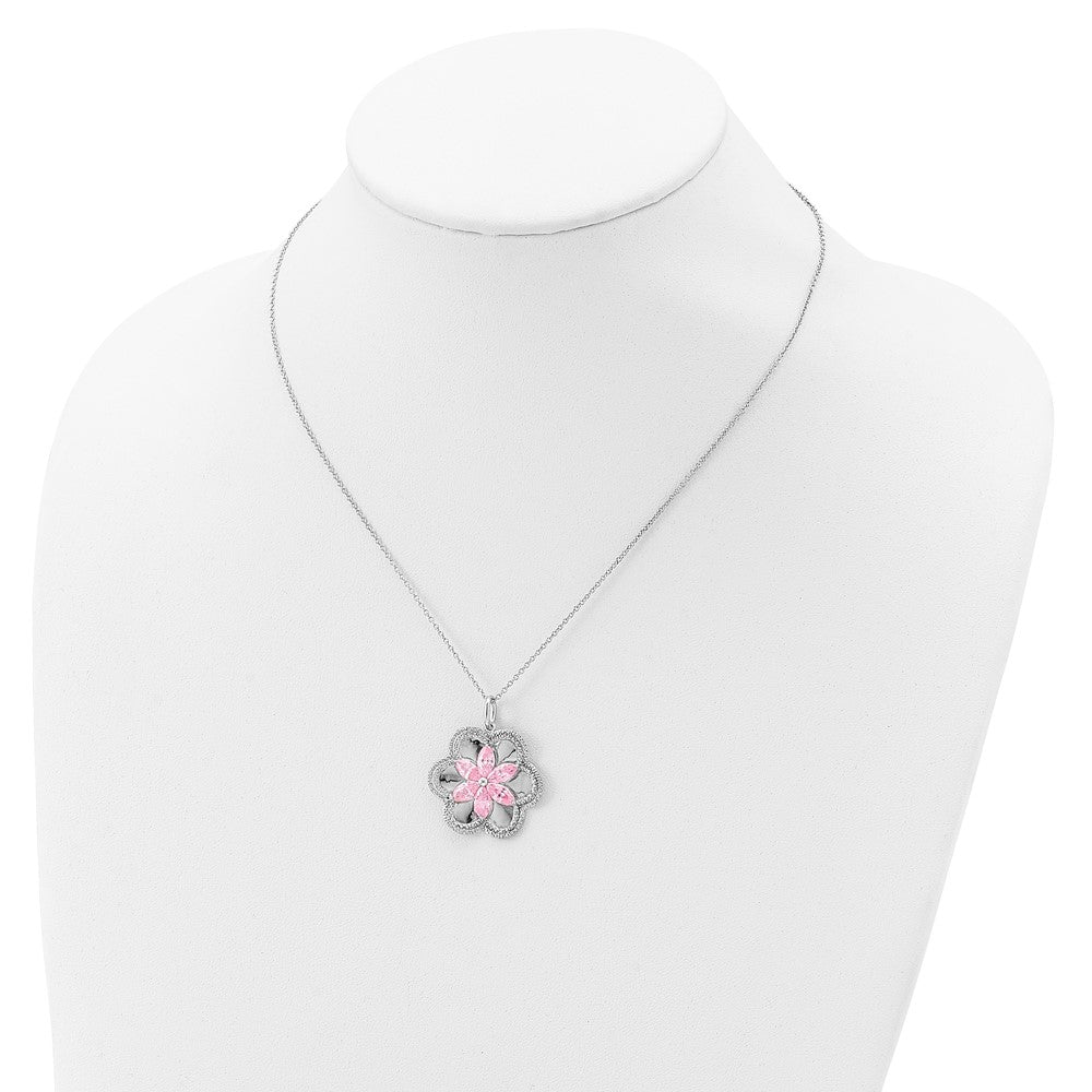 Sterling Silver Sentimental Expressions Rhodium-Plated Cz Pretty In Pink Flower 18 Inch Necklace