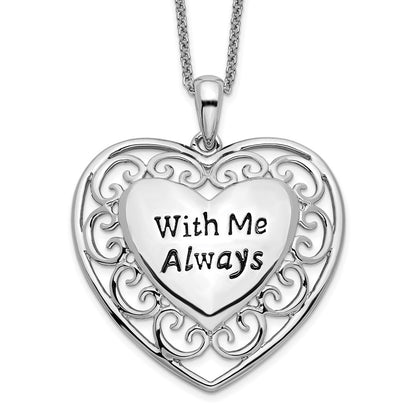 Sterling Silver Sentimental Expressions Rhodium-Plated Antiqued With Me Always 18In Heart Necklace