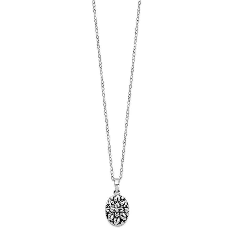 Sterling Silver Sentimental Expressions Rhodium-Plated Cz Antiqued Flower Ash Holder 18 Inch Necklace