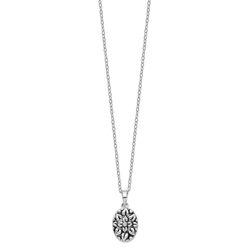 Sterling Silver Sentimental Expressions Rhodium-Plated Cz Antiqued Flower Ash Holder 18 Inch Necklace