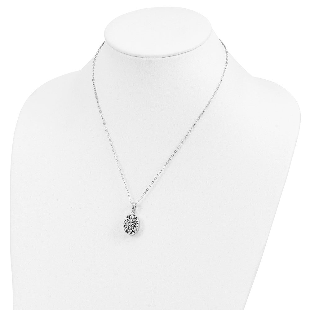 Sterling Silver Sentimental Expressions Rhodium-Plated Cz Antiqued Flower Ash Holder 18 Inch Necklace