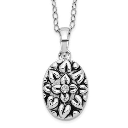 Sterling Silver Sentimental Expressions Rhodium-Plated Cz Antiqued Flower Ash Holder 18 Inch Necklace
