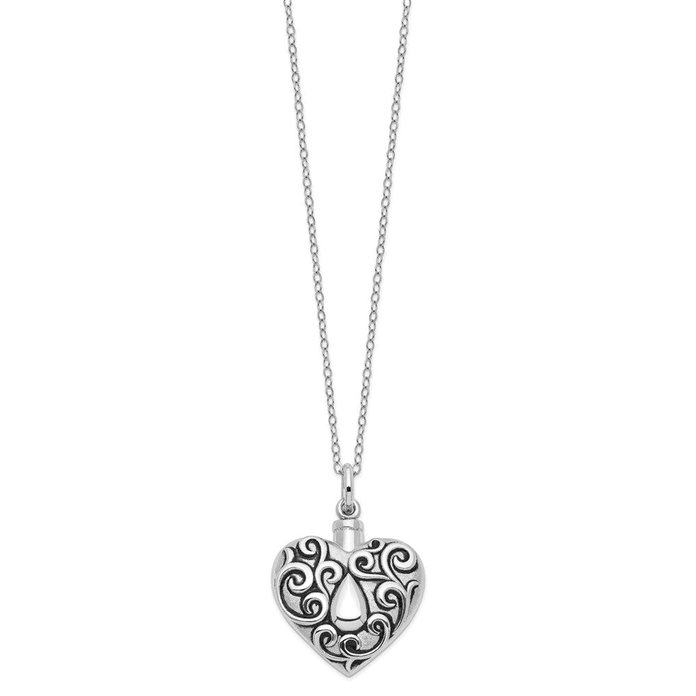 Sterling Silver Sentimental Expressions Rhodium-Plated Antiqued Grieving Heart Ash Holder 18 Inch Necklace