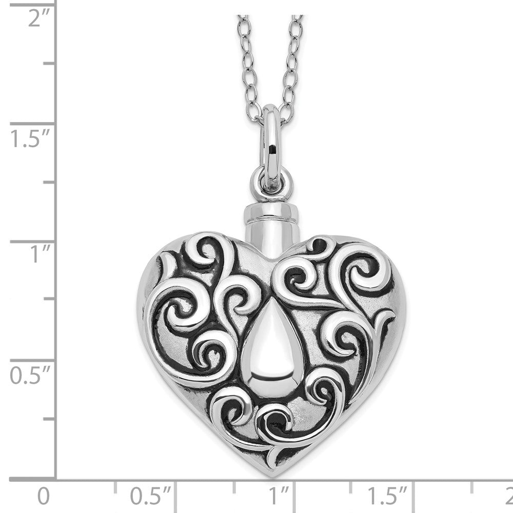 Sterling Silver Sentimental Expressions Rhodium-Plated Antiqued Grieving Heart Ash Holder 18 Inch Necklace