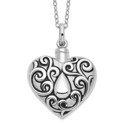 Sterling Silver Sentimental Expressions Rhodium-Plated Antiqued Grieving Heart Ash Holder 18 Inch Necklace