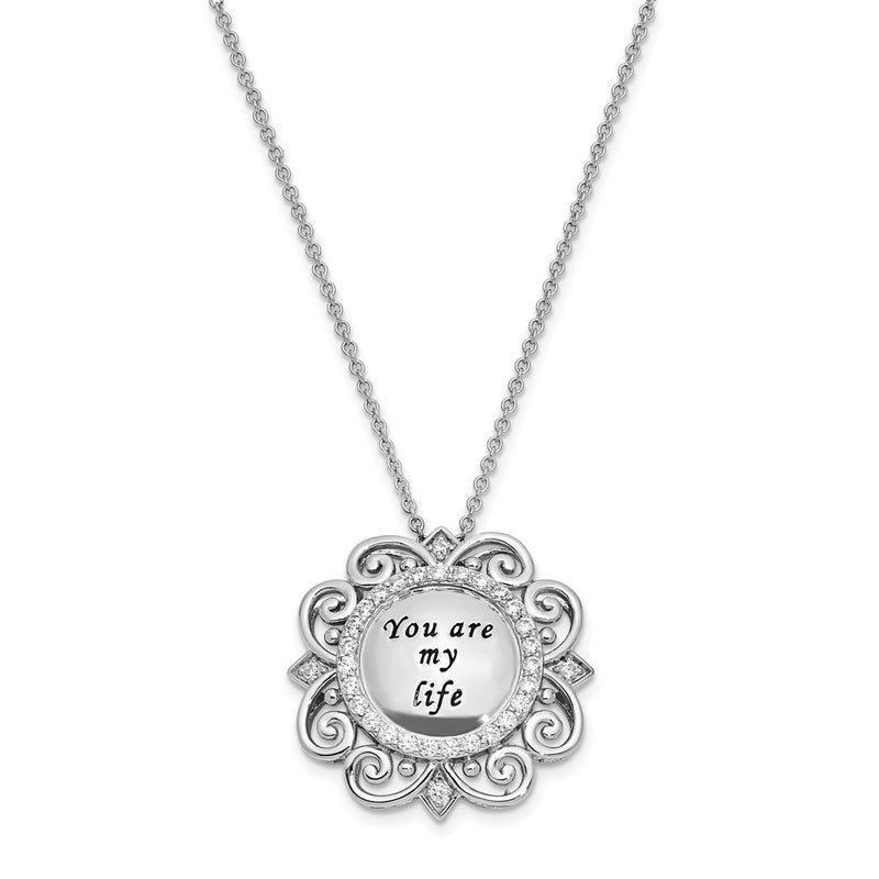 Sterling Silver Sentimental Expressions Rhodium-Plated Cz Antiqued You Are My Life 18In. Necklace