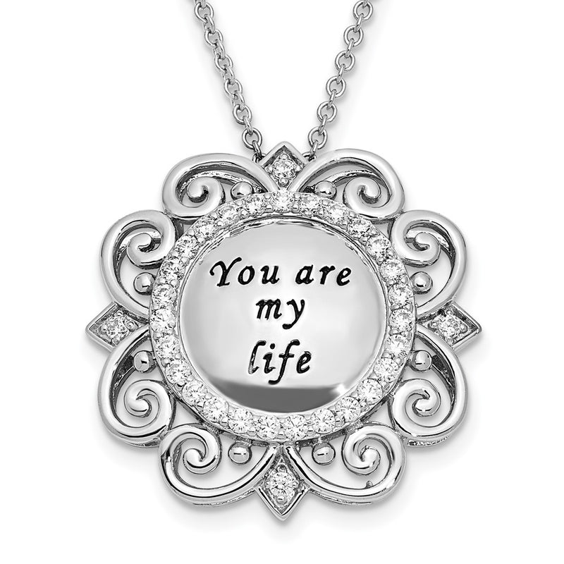 Sterling Silver Sentimental Expressions Rhodium-Plated Cz Antiqued You Are My Life 18In. Necklace