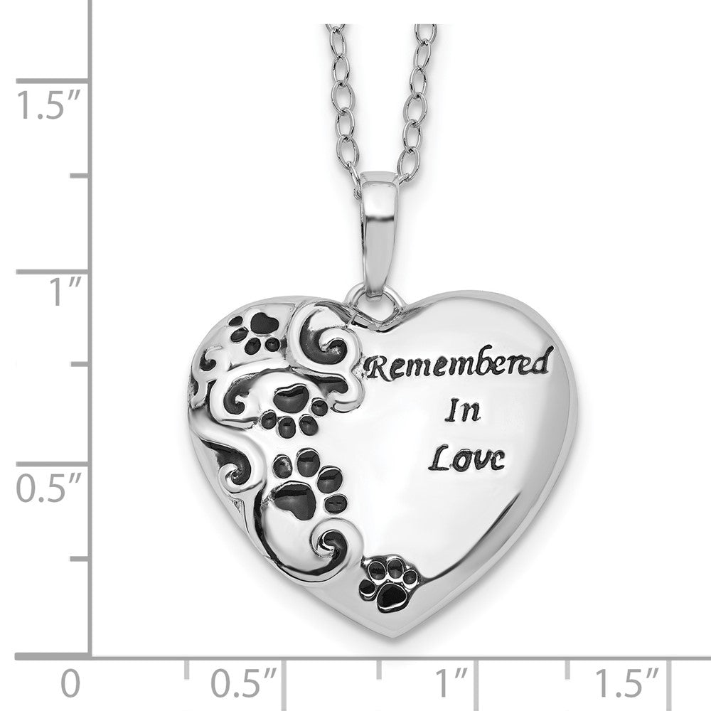 Sterling Silver Sentimental Expressions Rhodium-Plated Antiqued Paw Print Remembered In Love Heart 18 Inch Necklace