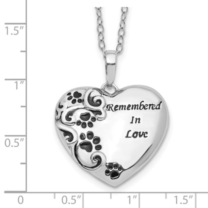 Sterling Silver Sentimental Expressions Rhodium-Plated Antiqued Paw Print Remembered In Love Heart 18 Inch Necklace