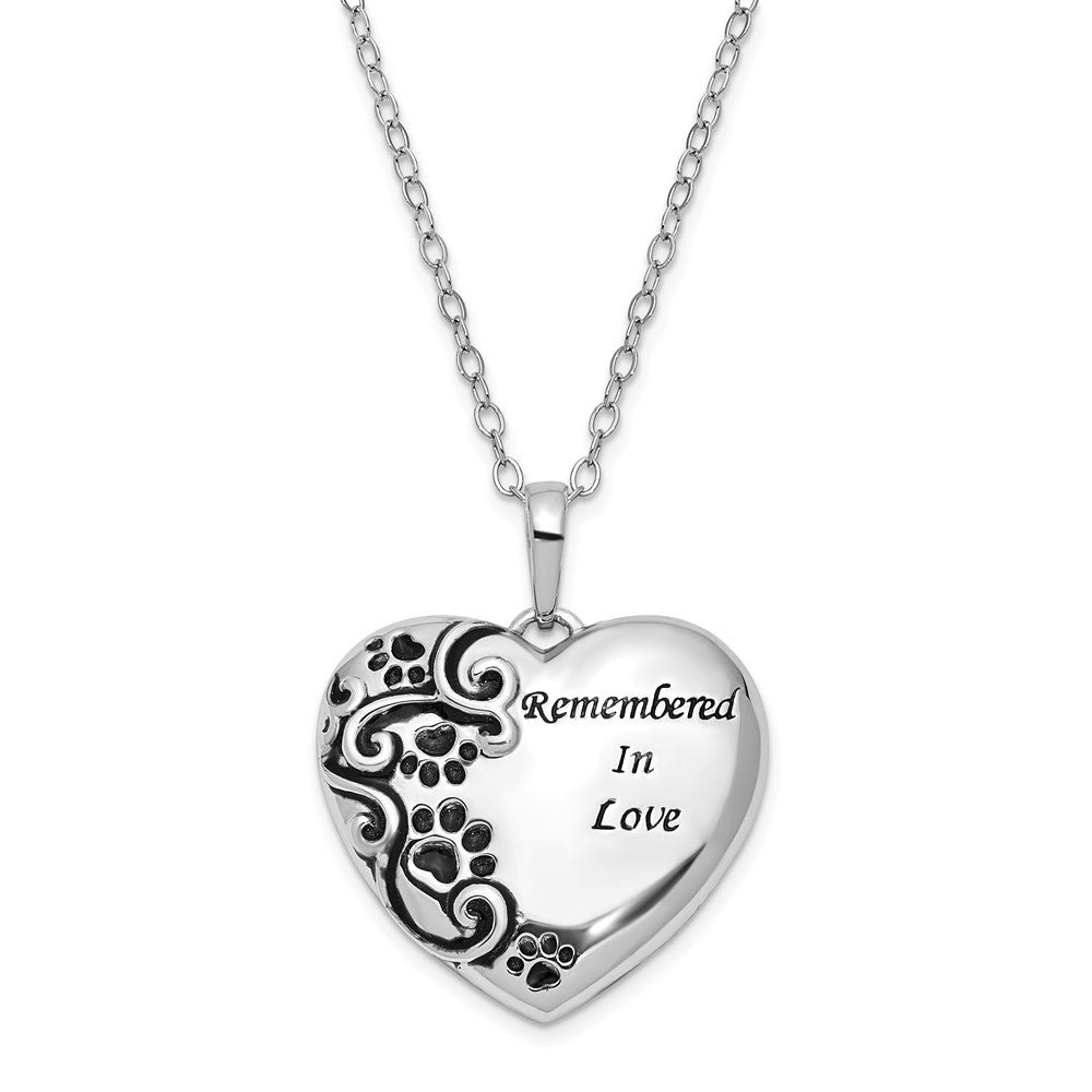 Sterling Silver Sentimental Expressions Rhodium-Plated Antiqued Paw Print Remembered In Love Heart 18 Inch Necklace