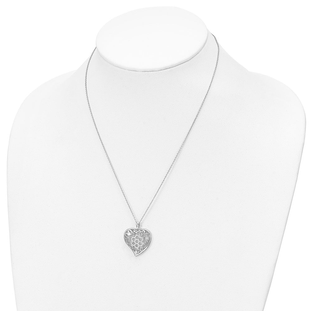 Sterling Silver Sentimental Expressions Rhodium-Plated Cz Antiqued Sisterhood Flower Heart 18In Necklace
