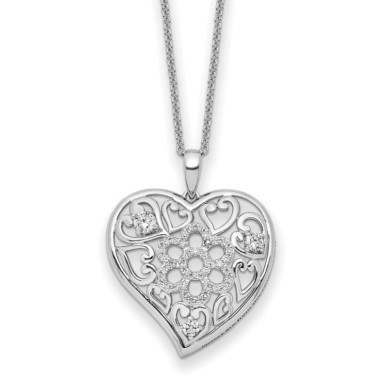 Sterling Silver Sentimental Expressions Rhodium-Plated Cz Antiqued Sisterhood Flower Heart 18In Necklace
