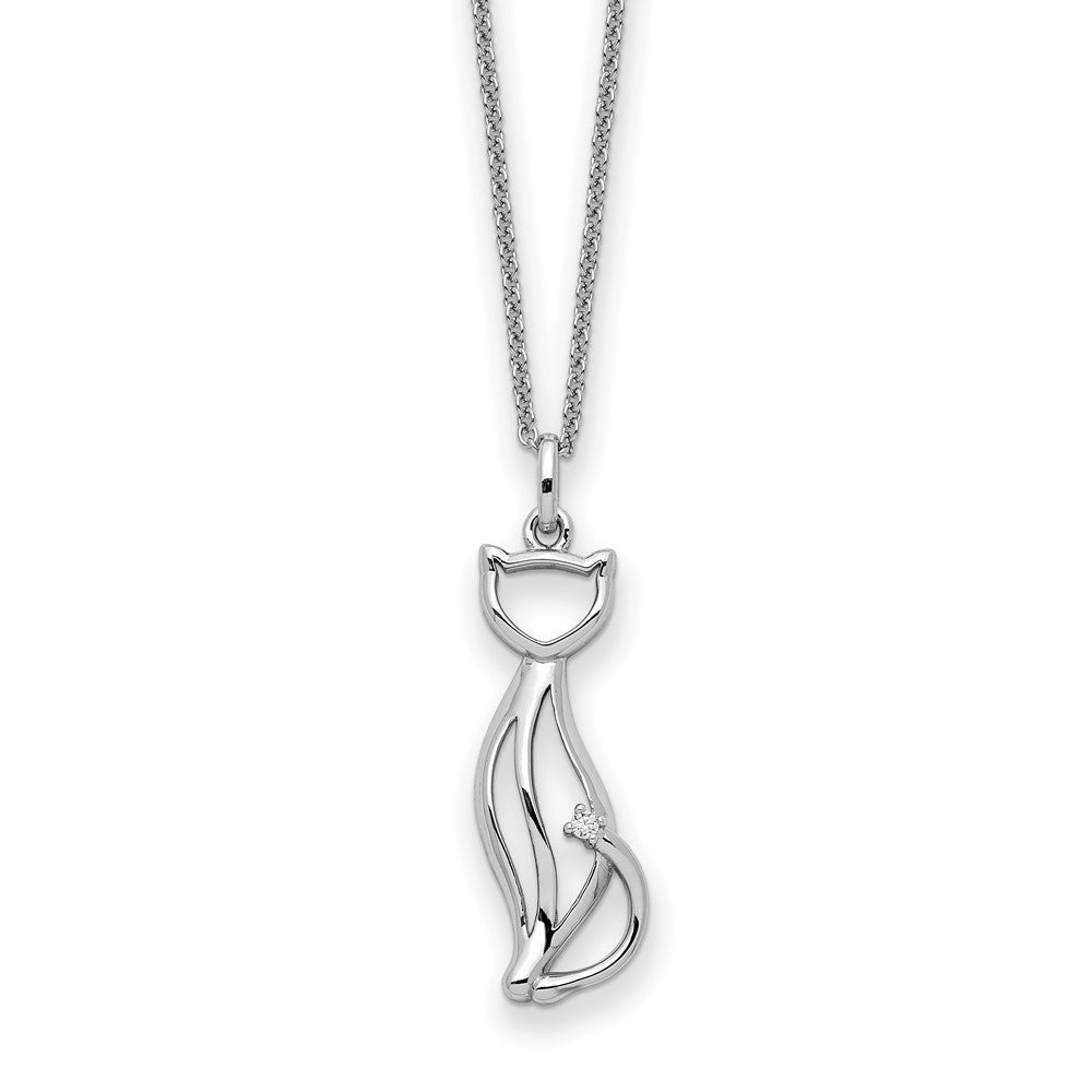 Sterling Silver Sentimental Expressions Rhodium-Plated Cz Purrfect Love Cat 18In Necklace