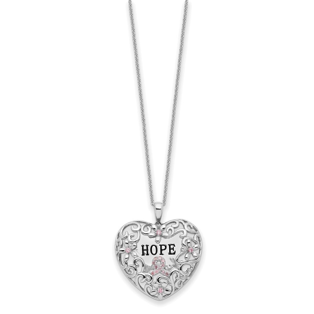 Sterling Silver Sentimental Expressions Rhodium-Plated Pink Cz Breast Cancer Heart 18In Necklace